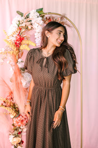 Brown Polka Dot Mesh Midi Dress