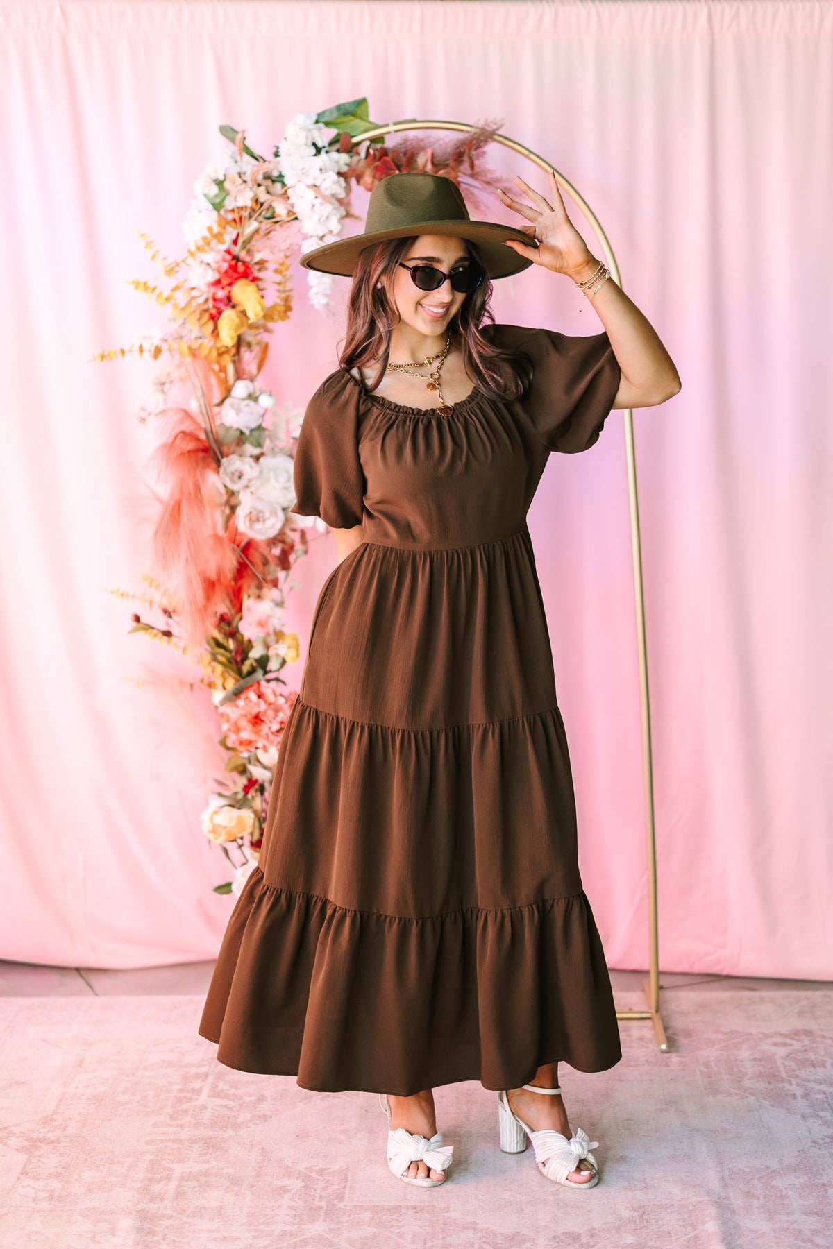 Brown Puff Sleeve Midi Dress