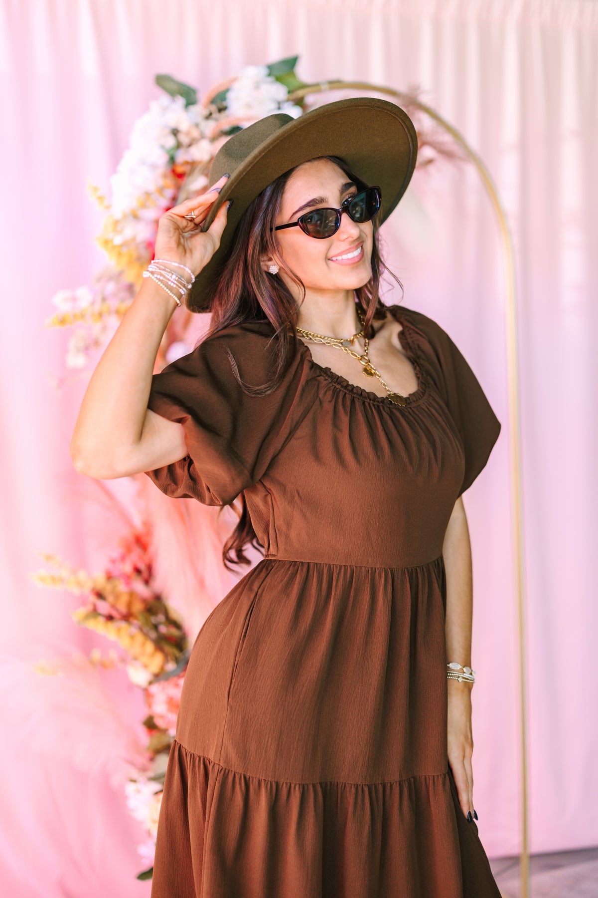 Brown Puff Sleeve Midi Dress