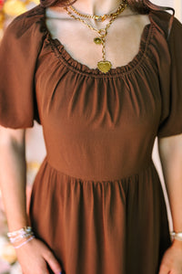 Brown Puff Sleeve Midi Dress