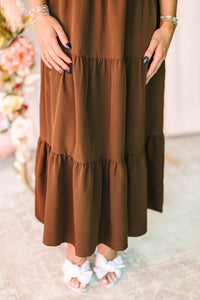 Brown Puff Sleeve Midi Dress
