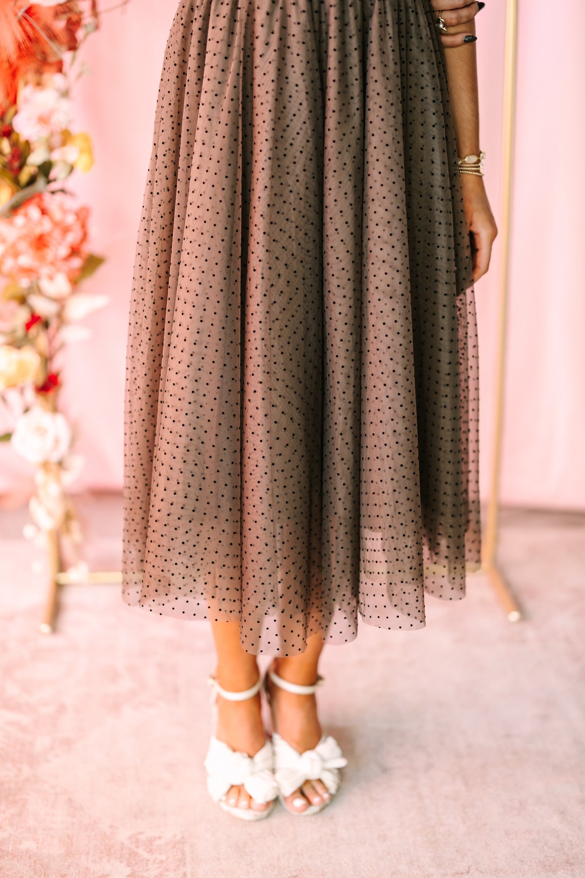 Brown Polka Dot Mesh Midi Dress