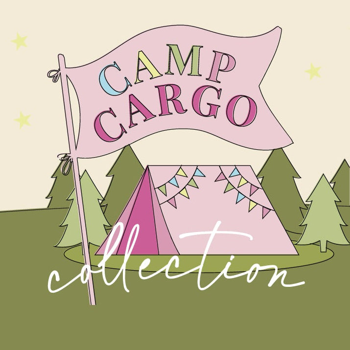 A digital graphic banner featuring a cute camping illustration with a pink tent, pine trees, and a flag reading 'CAMP CARGO' above the word 'collection' in script, set against a beige sky and olive green ground.