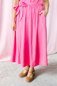 Berry midi dress with gathered skirt and side tie belt, styled with tan Mary Jane platform shoes