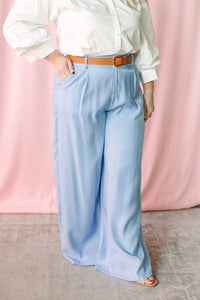 Wide leg silhouette detail of High Waist Tailored Wide Leg Pants in periwinkle blue 