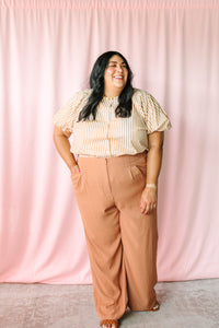 Hazelnut Wide Leg Pants paired with a gold stripe top — plus-size women's wide leg pants for business casual wear