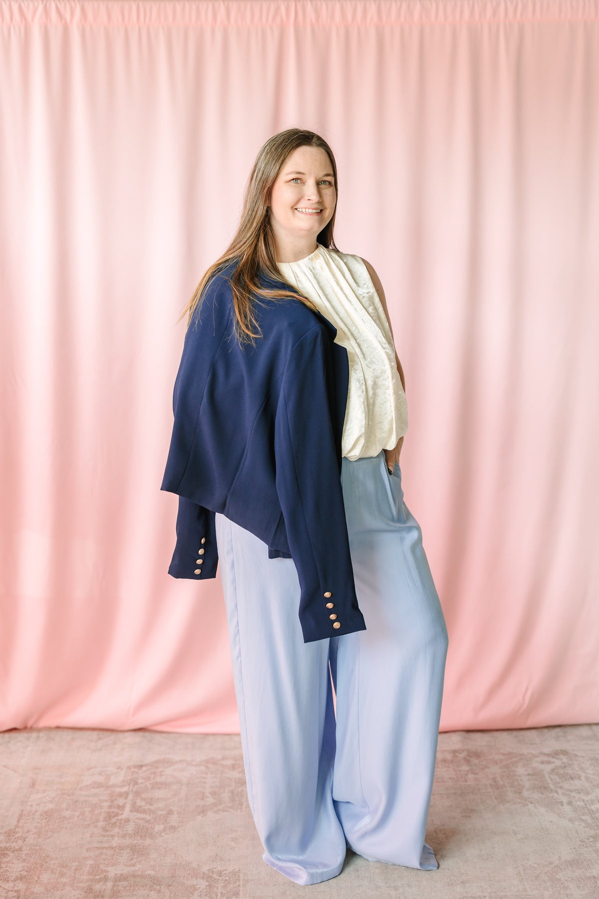 High Waist Tailored Wide Leg Pants in periwinkle blue styled with a cream top and navy blazer