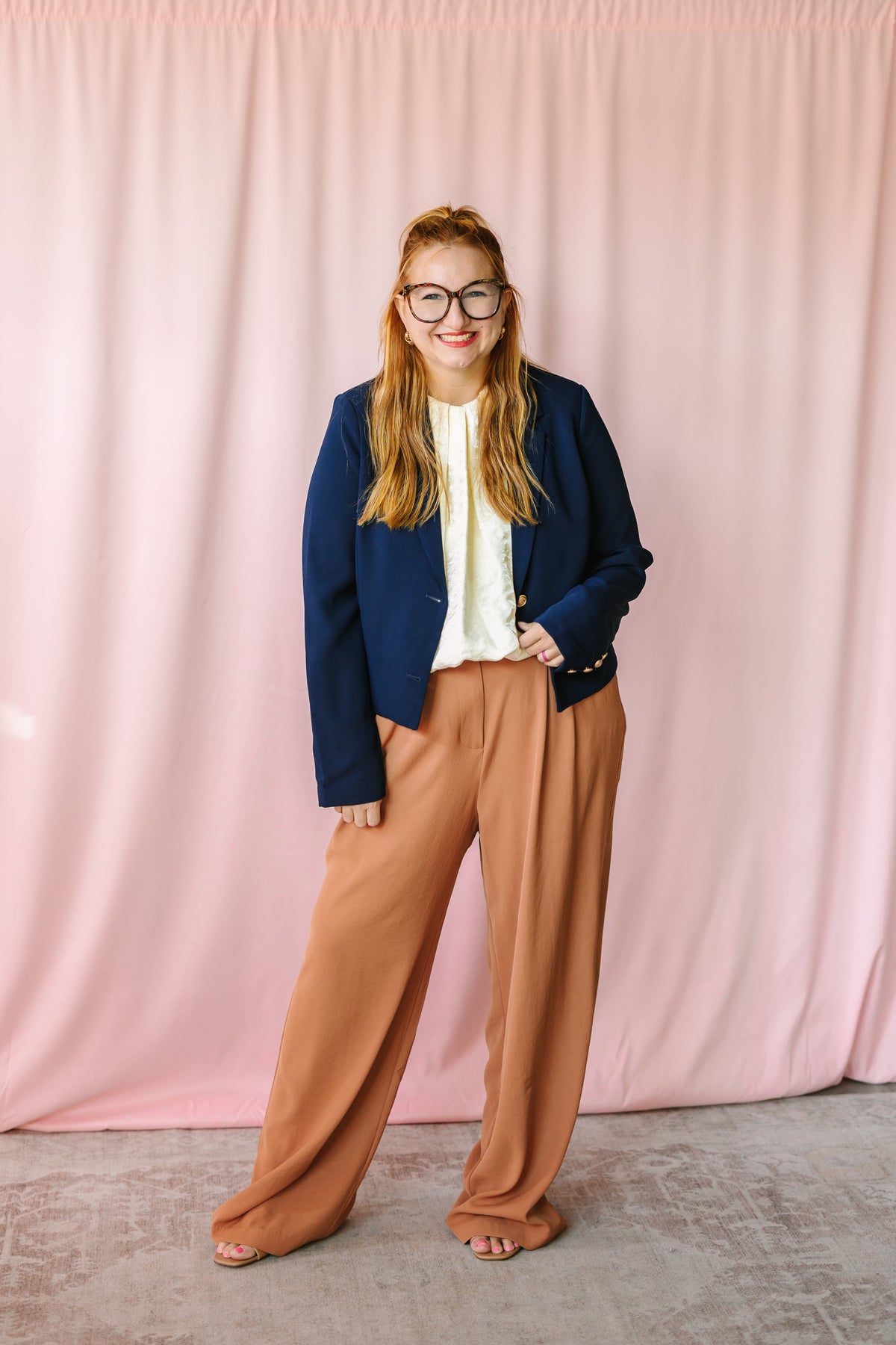 Hazelnut Wide Leg Pants in styled with a navy blazer and cream blouse — women's plus-size wide leg work pants by Cargo Room