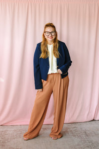 Hazelnut Wide Leg Pants in styled with a navy blazer and cream blouse — women's plus-size wide leg work pants by Cargo Room