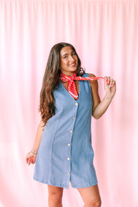 A young woman with long brown hair models a light blue denim button-down dress, accessorized with a red and white polka dot neck scarf, posing against a pink curtain backdrop.