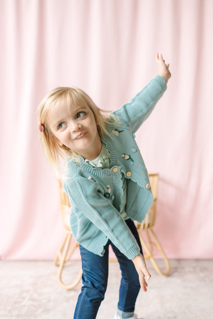 Blue Floral Embroidery Sweater Cardgian
