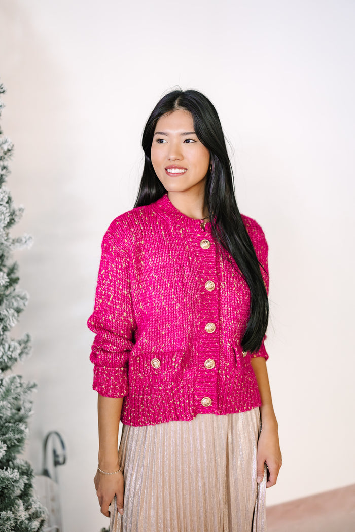 Fuchsia Bulky Knit Crop Cardigan