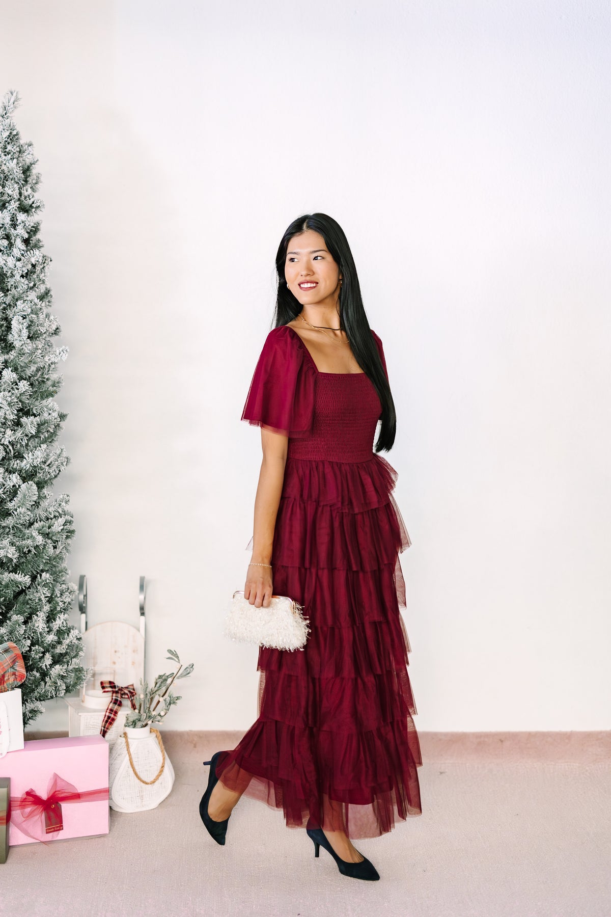 Wine Smocked Mesh Dress