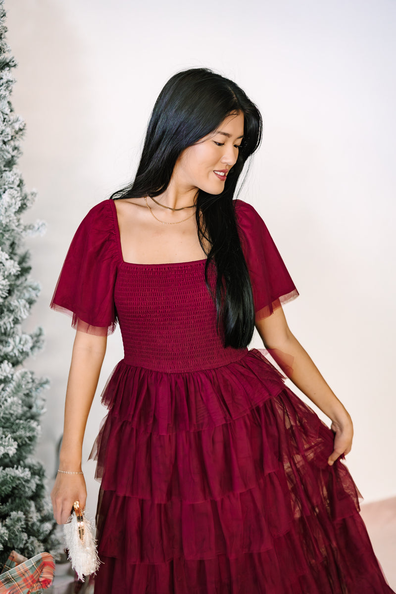 Wine Smocked Mesh Dress