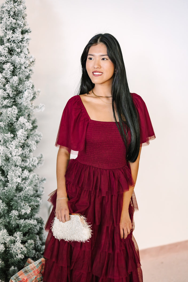 Wine Smocked Mesh Dress