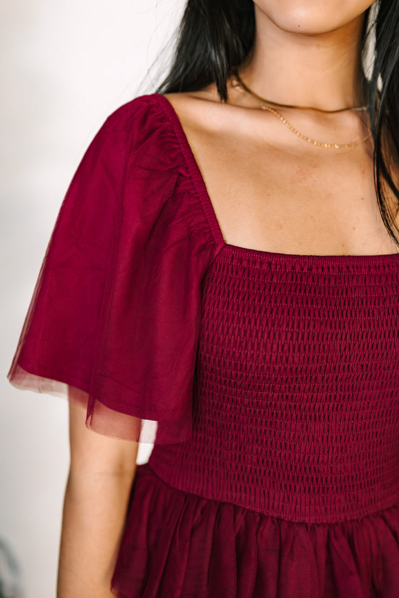 Wine Smocked Mesh Dress