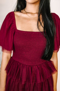 Wine Smocked Mesh Dress