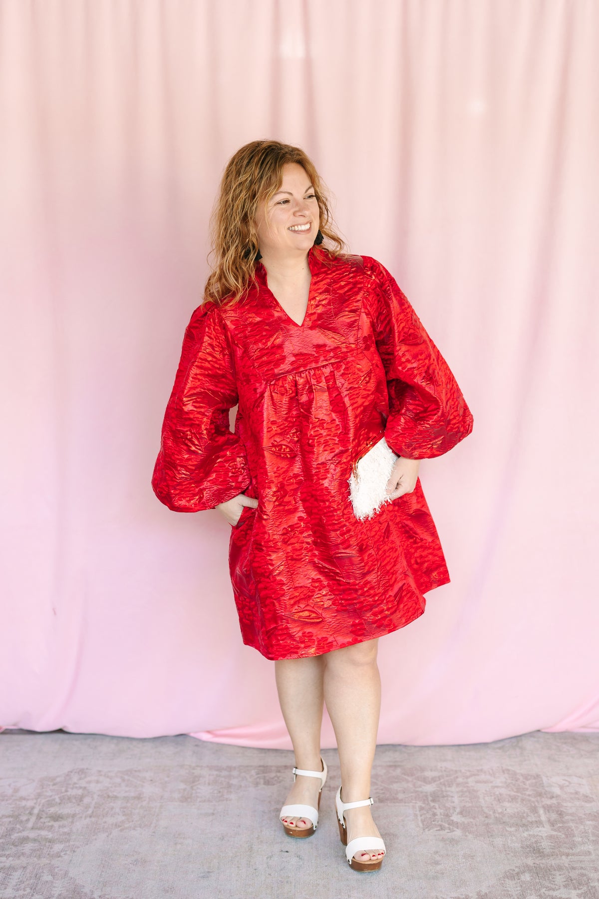 red jacquard dress Alejandra Alonso Rojas Drape Sleeve Jacquard Dress in Red 2