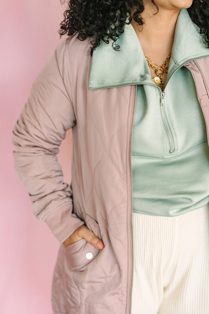 Dusty Rose Quilted Long Bomber Jacket