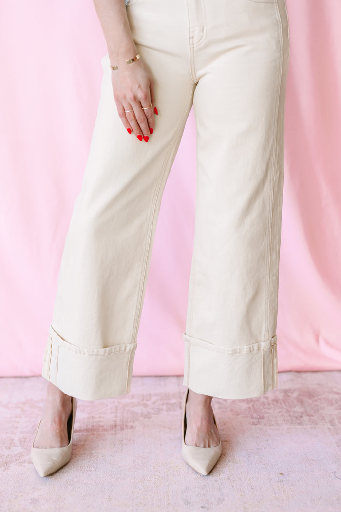 Cream High Rise Cuffed Jeans