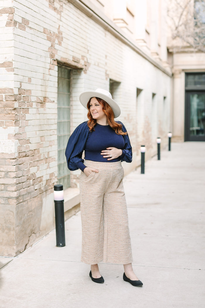 Navy Pleated Sleeve Ribbed Sweater
