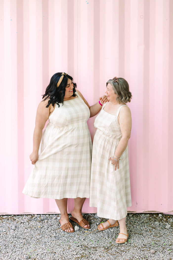 Beige Gingham Print Midi Dress