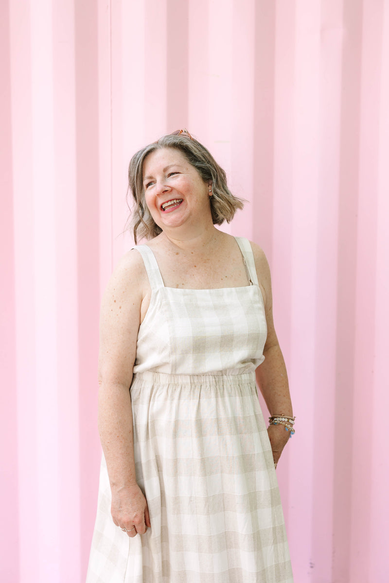Beige Gingham Print Midi Dress