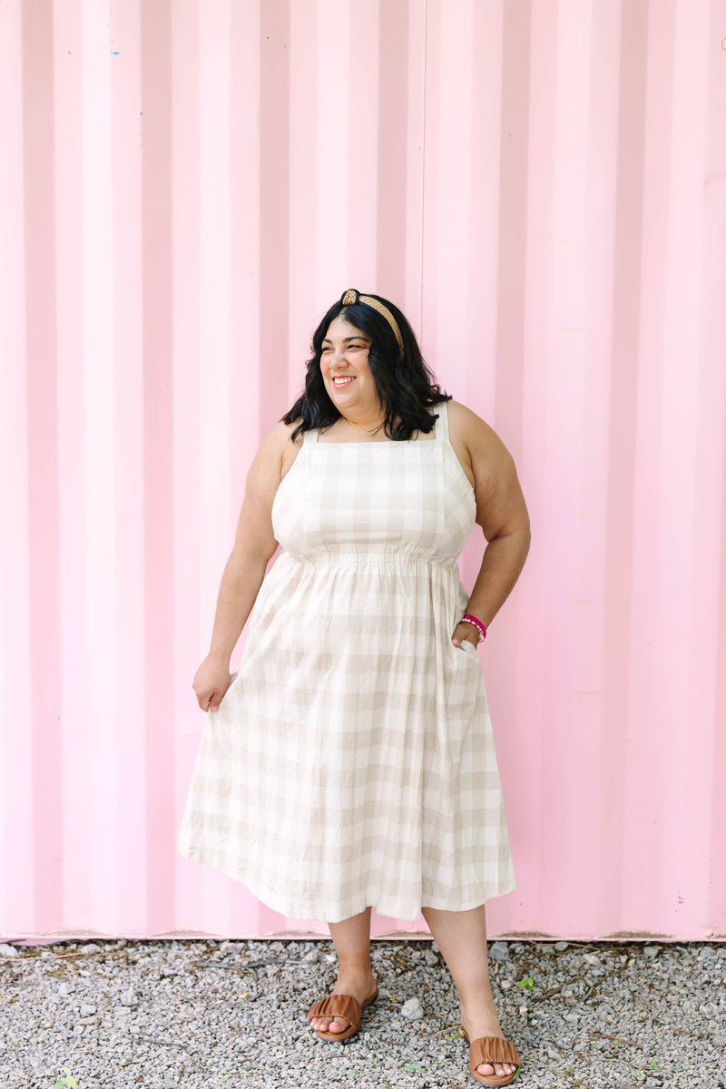 Beige Gingham Print Midi Dress