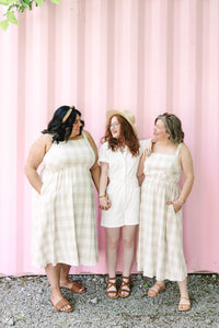 Beige Gingham Print Midi Dress