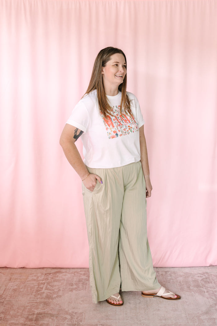Sage Crinkled Wide Leg Pants