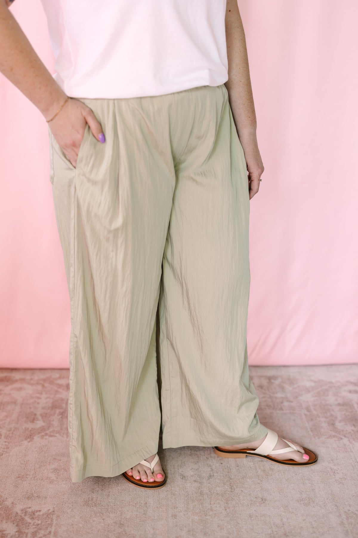 Sage Crinkled Wide Leg Pants