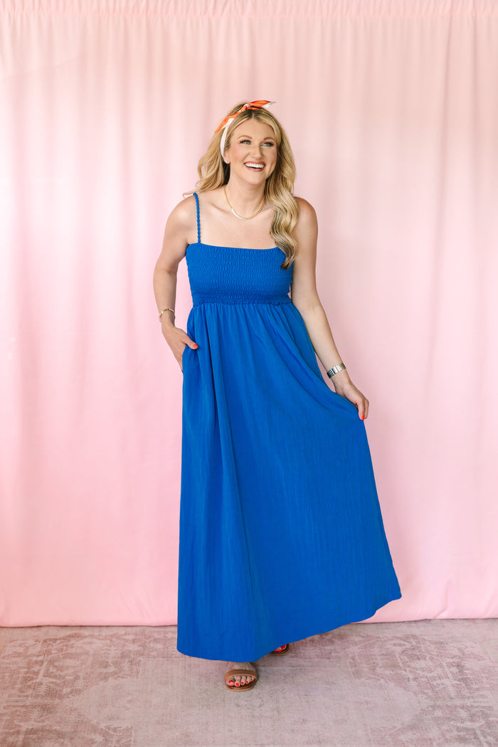 Blue Pom Pom Strap Maxi