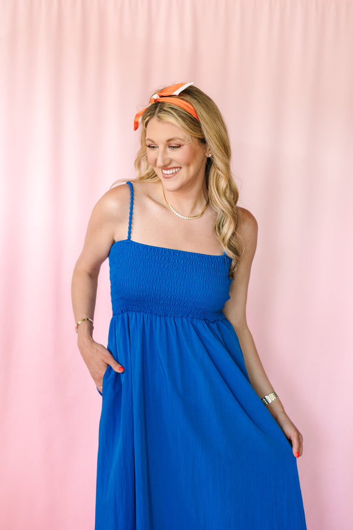 Blue Pom Pom Strap Maxi