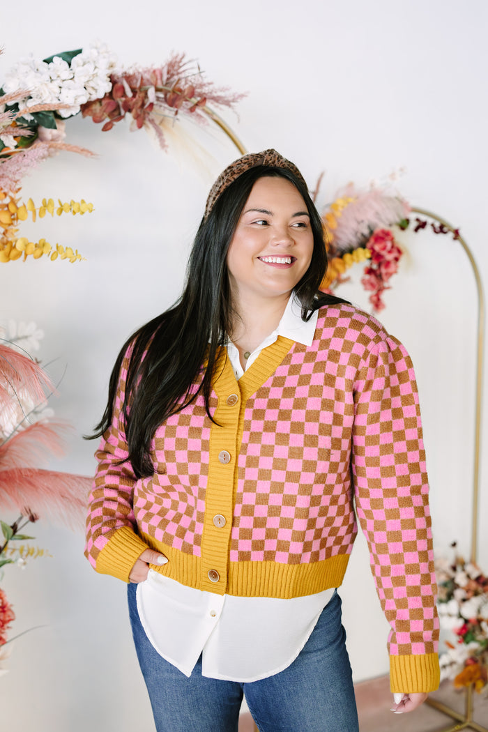 Pink Checkerboard Cardigan