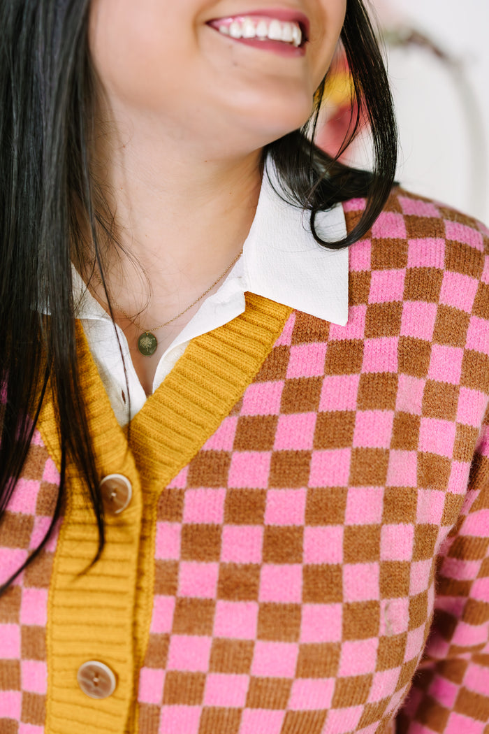 Pink Checkerboard Cardigan