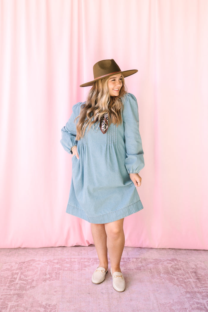 Washed Denim Pintuck Dress