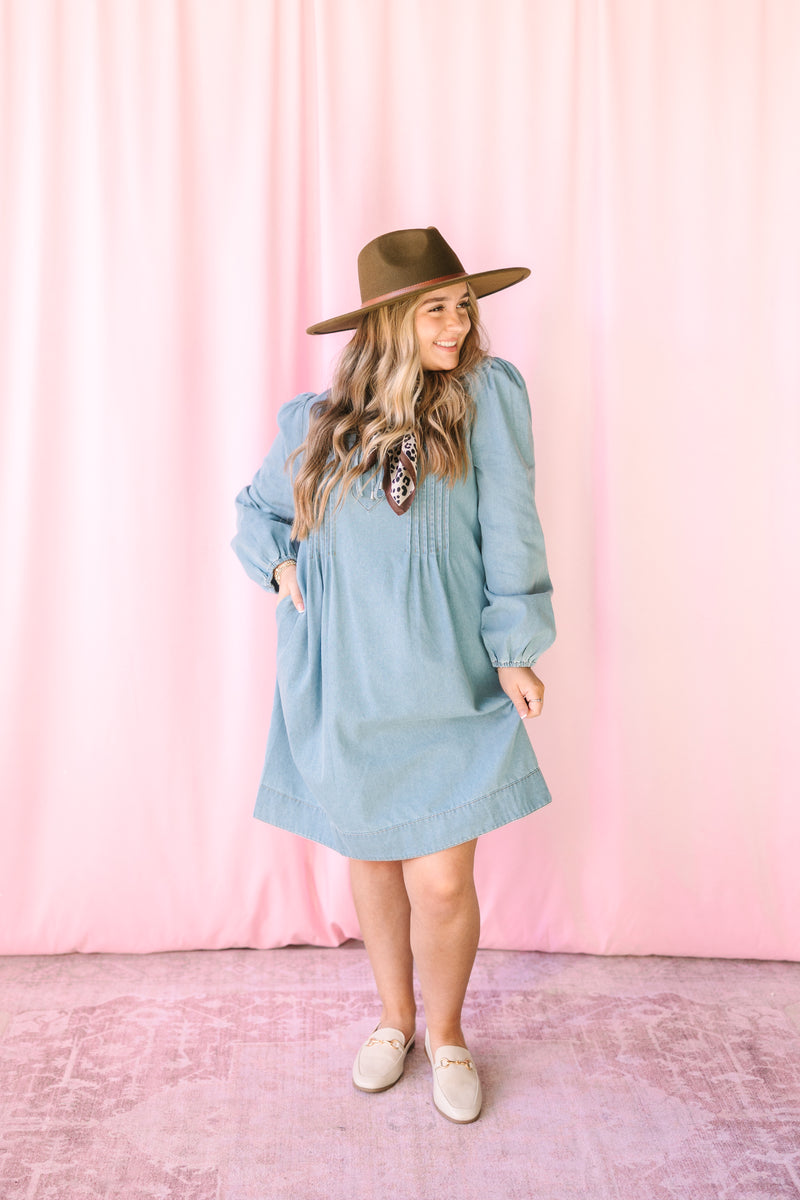 Washed Denim Pintuck Dress
