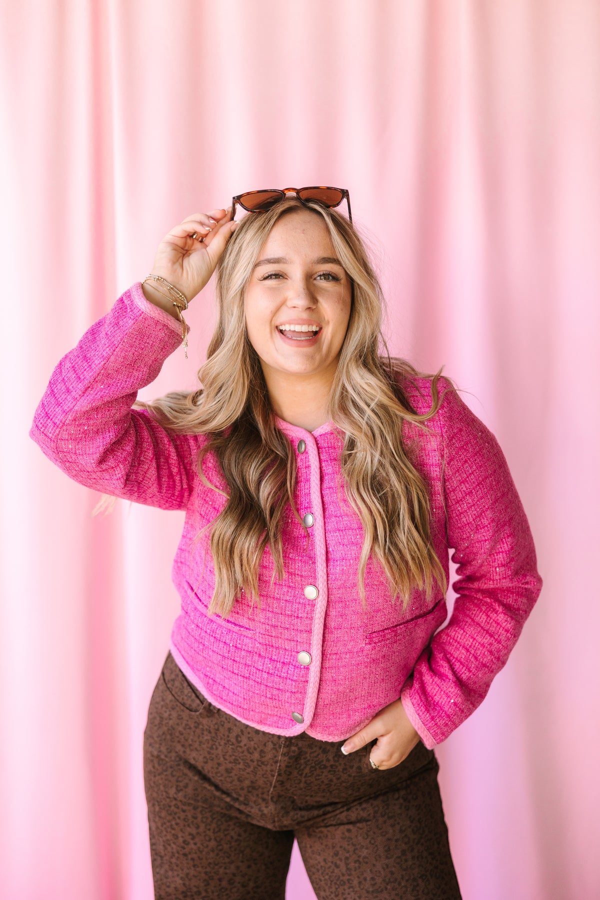 Pink Sequin Accent Tweed Blazer