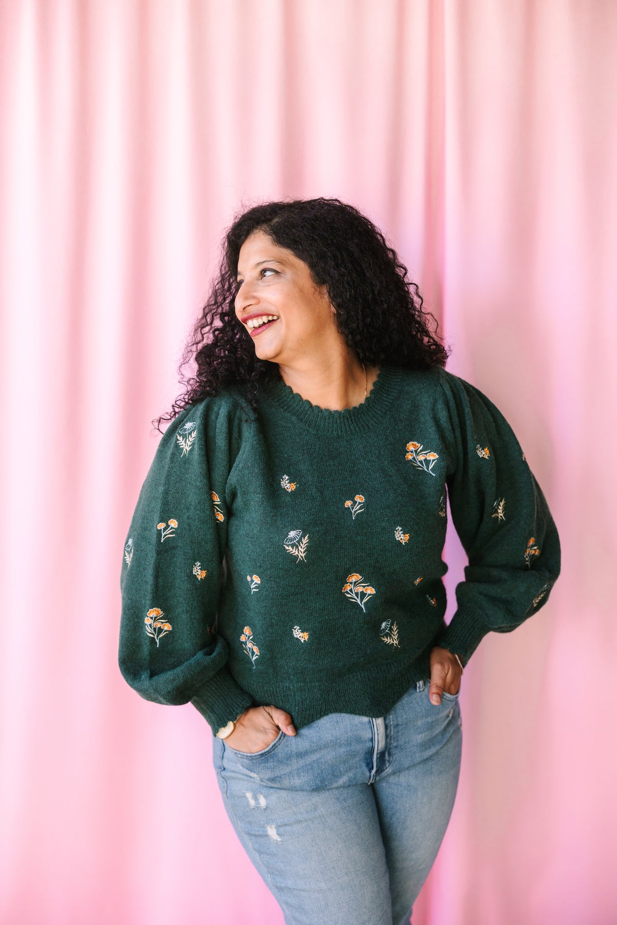 Hunter Green Floral Sweater