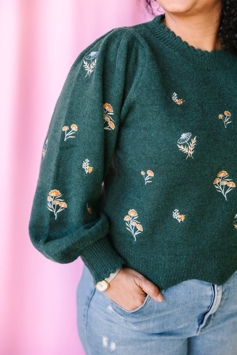 Hunter Green Floral Sweater