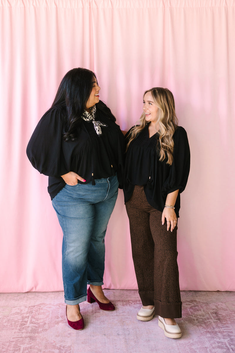 Black Flowy Pintuck Blouse