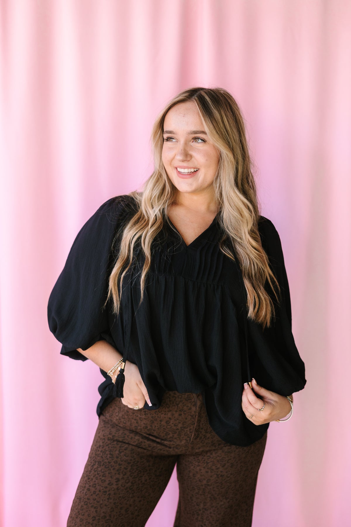 Black Flowy Pintuck Blouse
