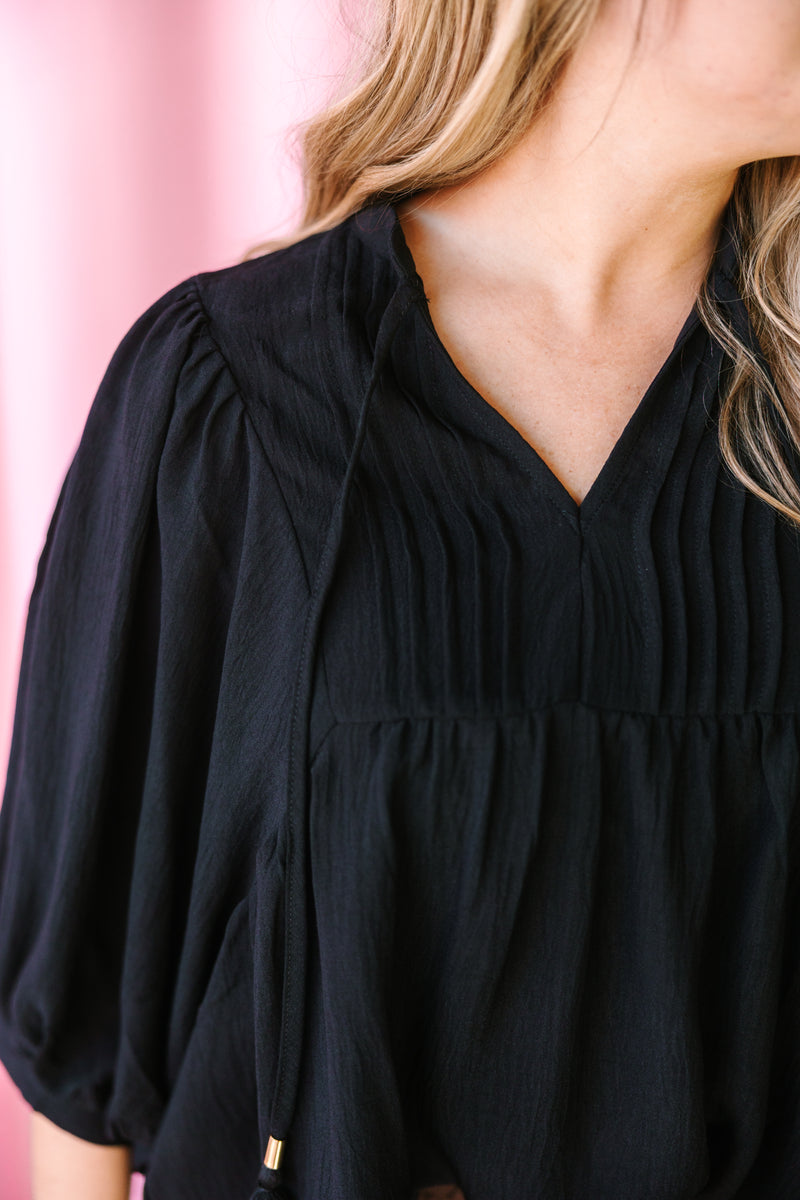 Black Flowy Pintuck Blouse