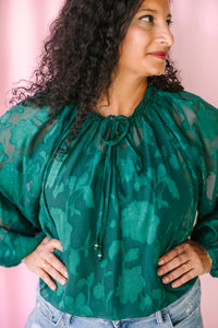 Hunter Green Sheer Jacquard Blouse