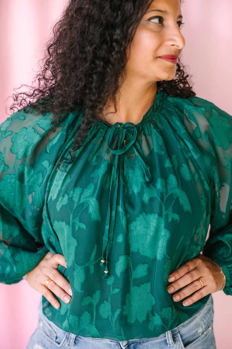 Hunter Green Sheer Jacquard Blouse