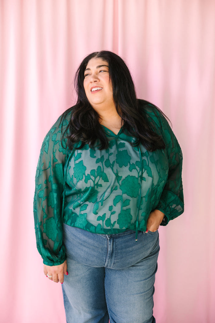 Hunter Green Sheer Jacquard Blouse