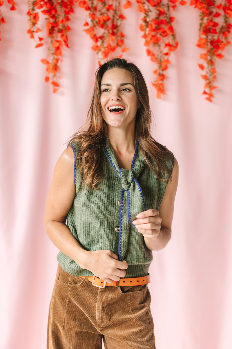 Olive Collar Tie Knit Vest