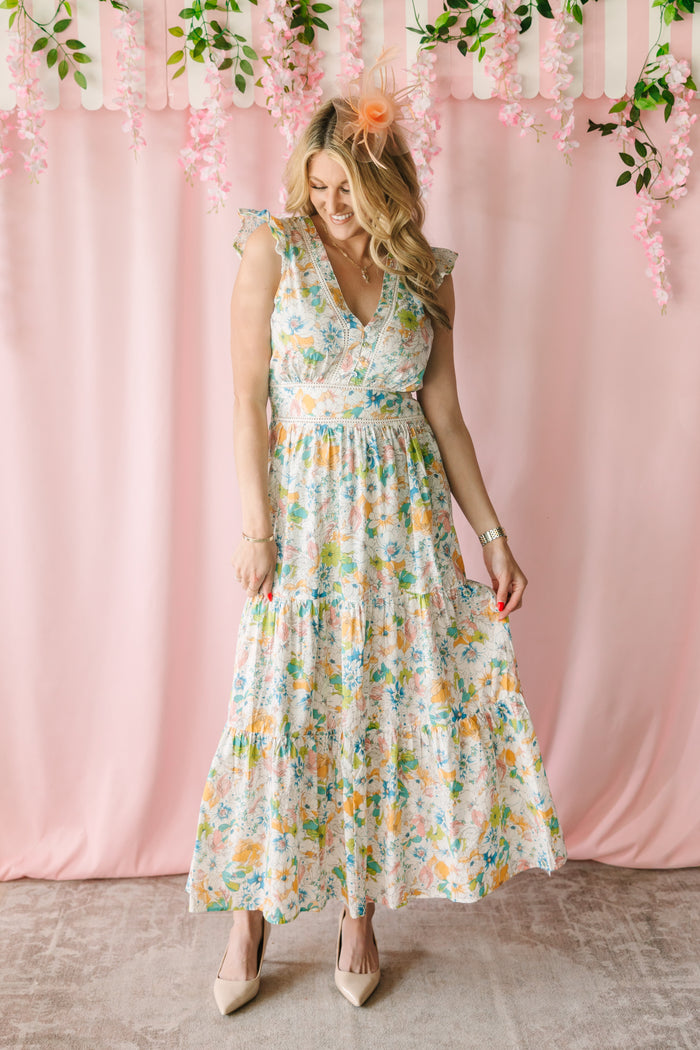 Floral Lace-Trimmed Maxi Dress