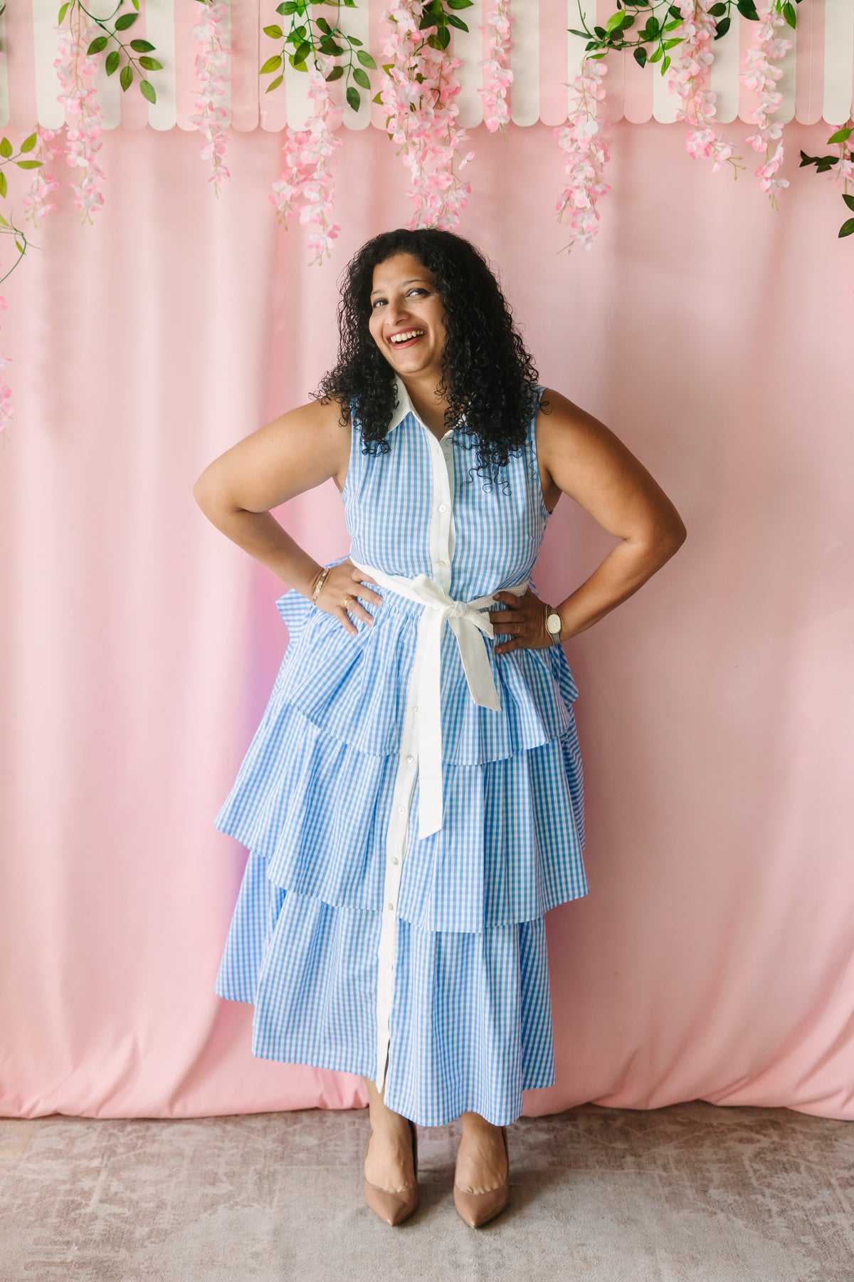 Blue Gingham Tiered Dress Large