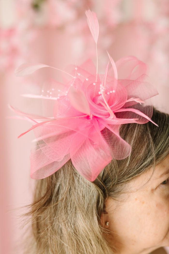 Feather & Double Floral Mesh Fascinator Headband/Clip